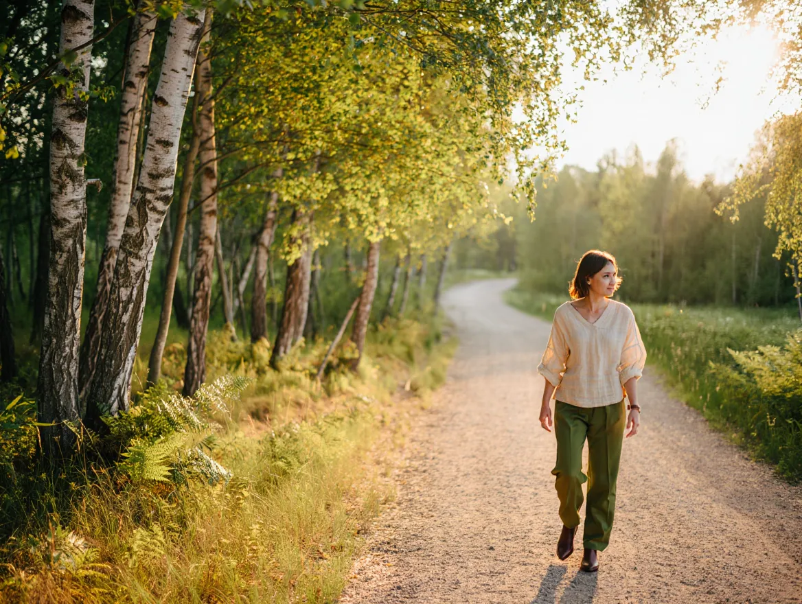 Person walking peacefully along a winding path surrounded by gentle nature elements